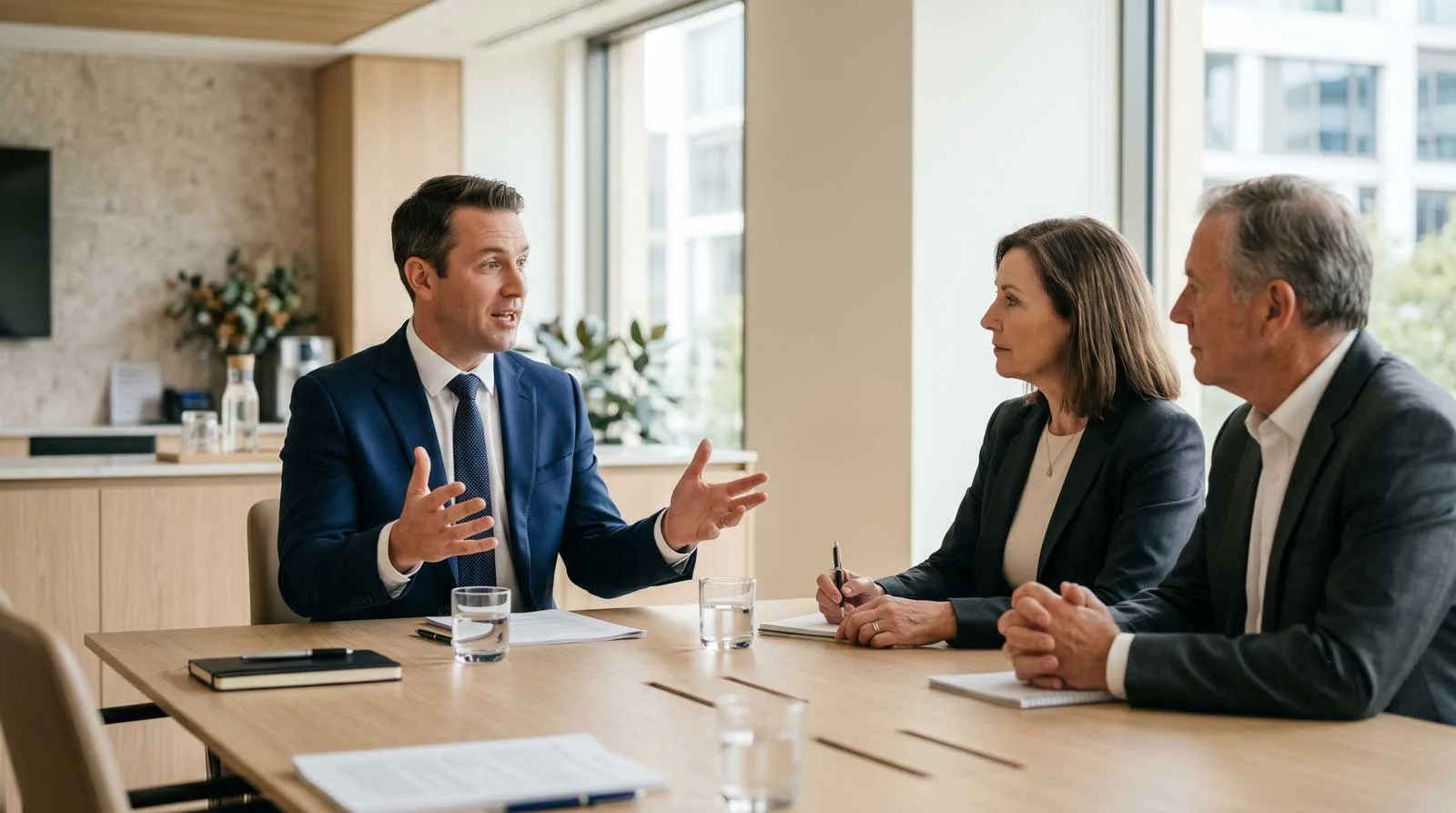 A community association manager advising two condominium board members during a meeting