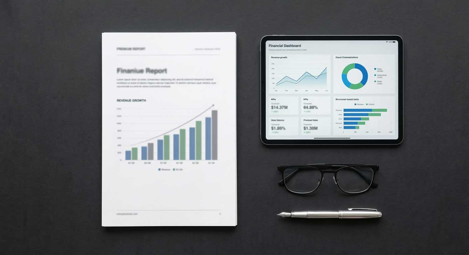 A printed financial report alongside a live financial dashboard on tablet